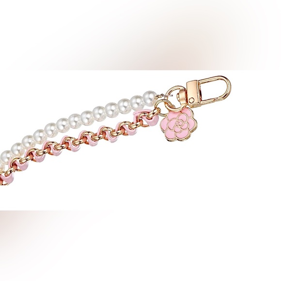 Purse Chain Charm Black Pink Leather Gold Chain Pearls Camellia Flower Unbranded - Picture 4 of 12